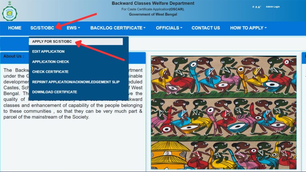 How To Apply For West Bengal Caste Certificate (SC/ST/OBC) Online 2 Apply for caste certificate option